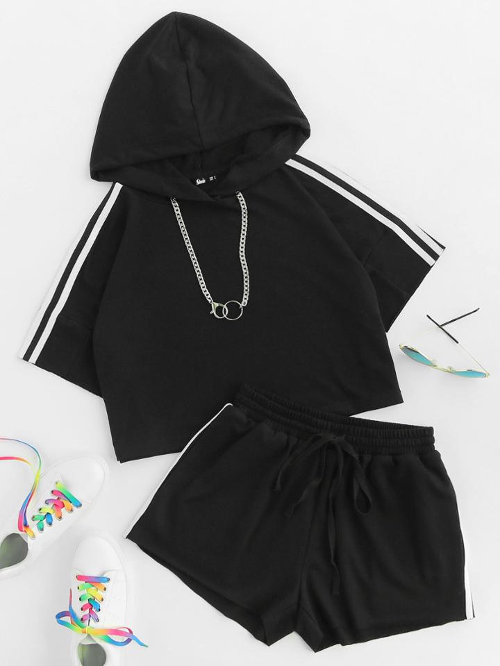 Shein Striped Crop Hoodie And Drawstring Sweat Shorts Set