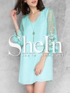 Shein Green Hollow Crochet Bell Sleeve Keyhole Back Shift Dress