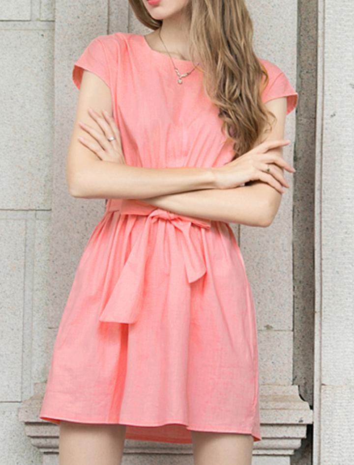 Shein Pink Shirtwaist Round Neck Short Sleeve Tie-waist Dress