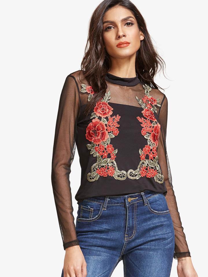 Shein Mesh Shoulder Rose Patch T-shirt