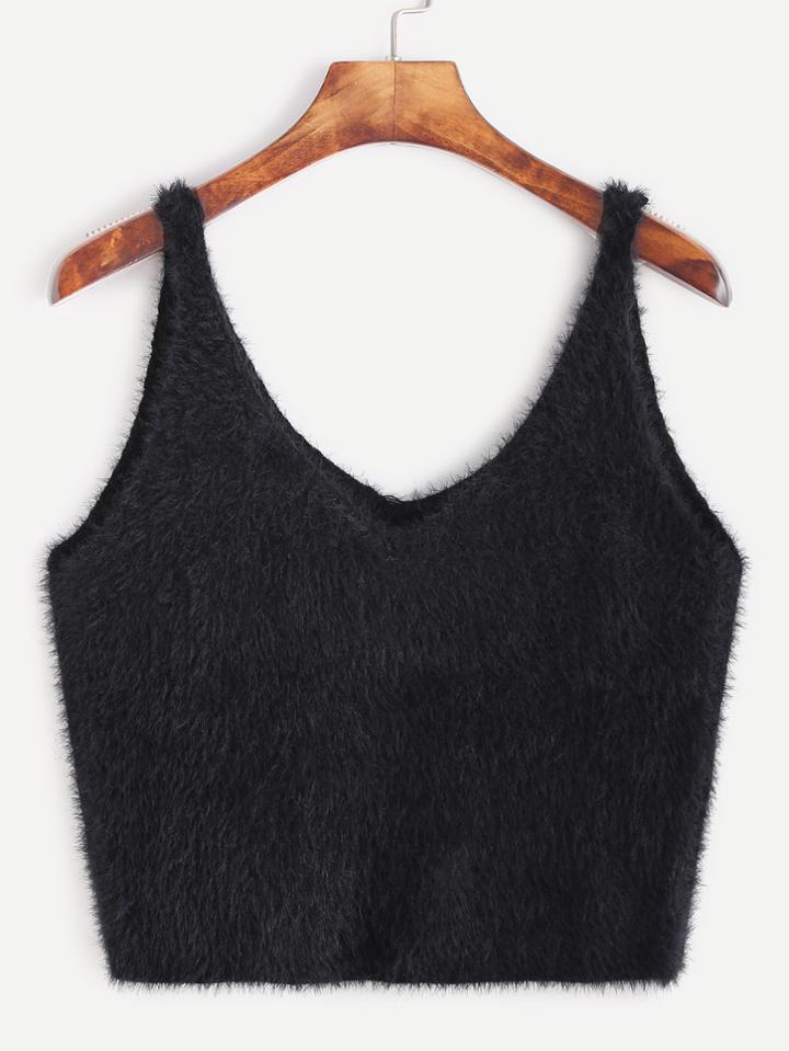 Shein Black V Neck Crop Mohair Tank Top