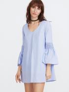 Shein Blue Keyhole Back Smocked Bell Sleeve Dress