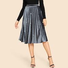 Shein Faux Pearl Beaded Velvet Pleated Skirt
