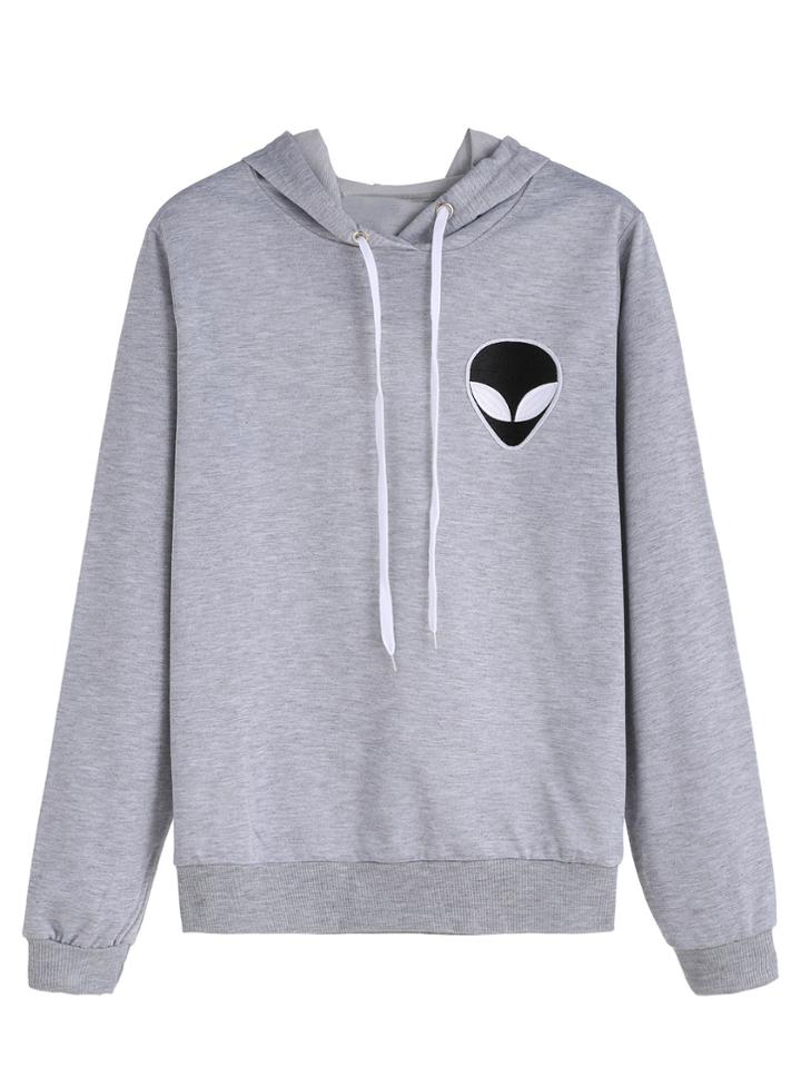 Shein Grey Alien Embroidered Hooded Sweatshirt