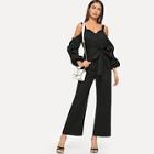 Shein Cold Shoulder Gathered Sleeve Self Belted Jumpsuit
