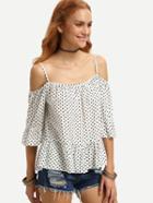 Shein White Polka Dot Cold Shoulder Ruffle Blouse