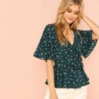 Shein Wrap Bell Sleeve Floral Top