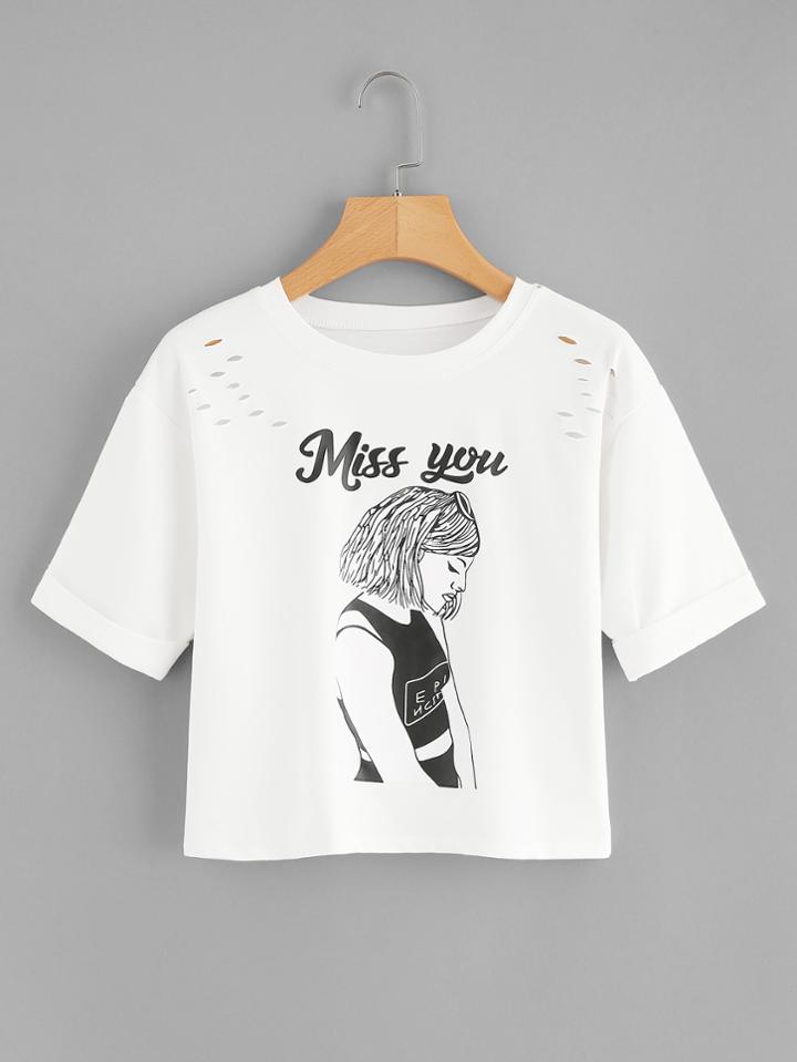 Shein Girl Print Ripped Tee