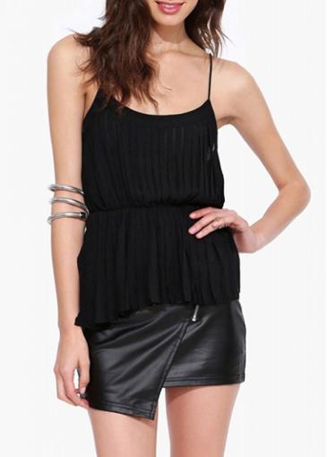 Rosewe Pleated Black Chiffon Empire Waist Camisole Top