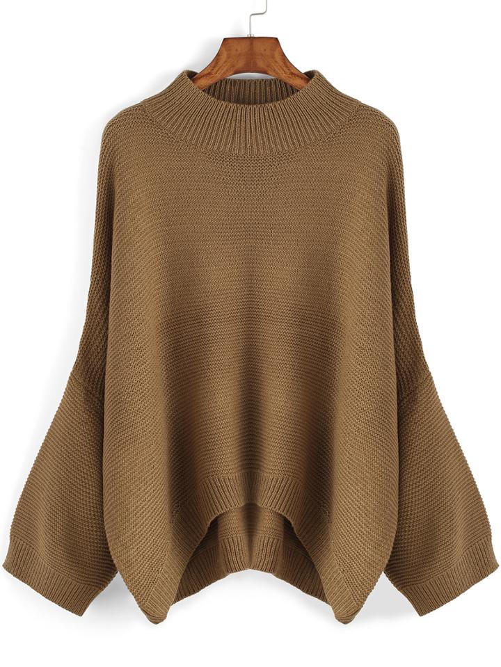 Shein Khaki Round Neck Loose Dip Hem Sweater