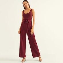 Shein Rib Knit Belted Tank Jumpsuit