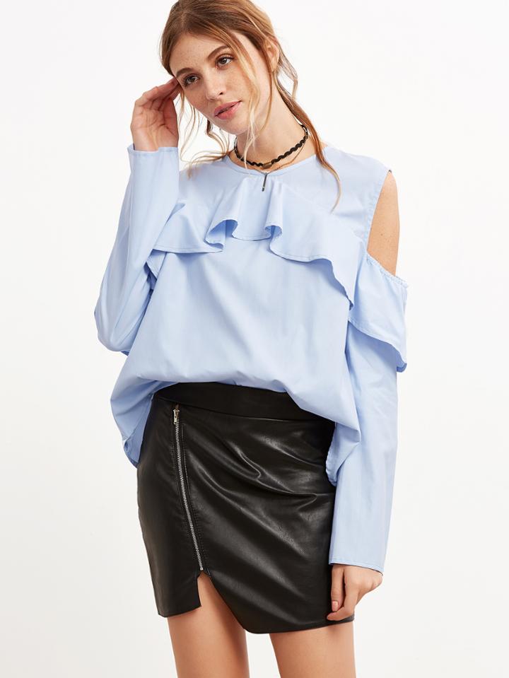 Shein Blue Cold Shoulder Ruffle Blouse