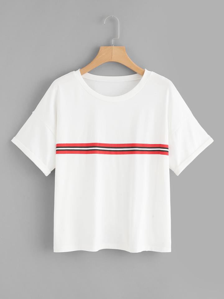 Shein Stripe Panel Cuffed Tee