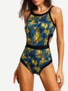 Shein Black Trim Abstract Print Cutout One-piece Swimwear