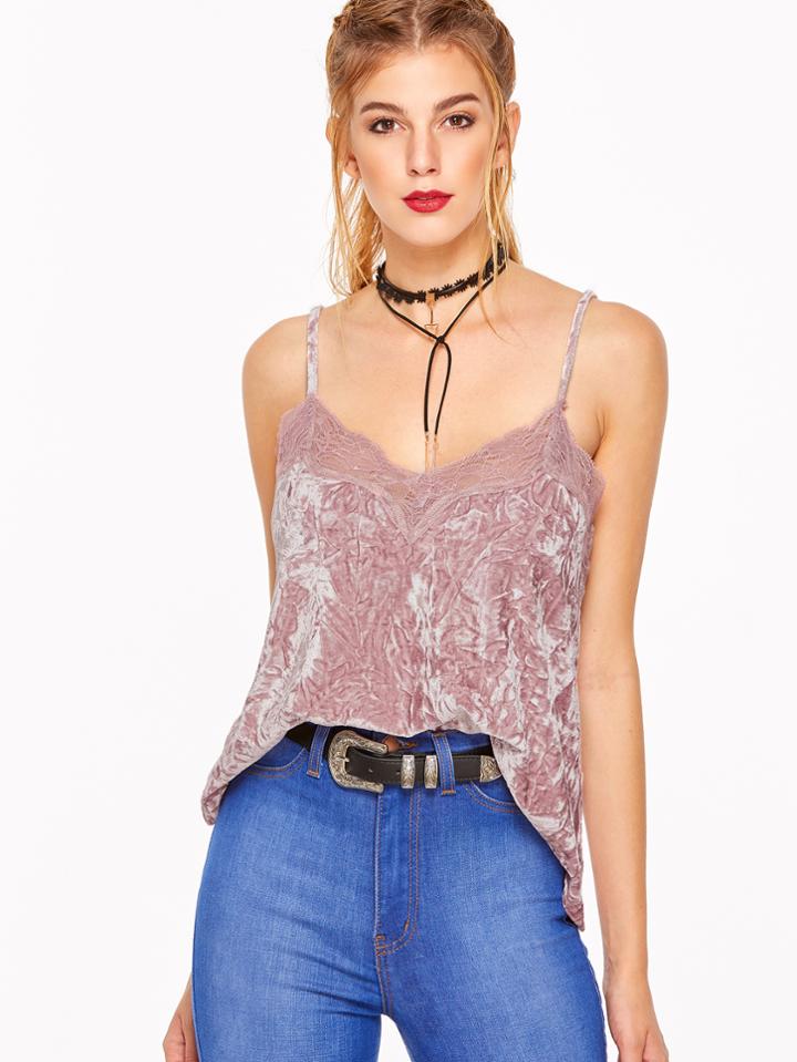 Shein Pink Lace Trim Crushed Velvet Cami Top