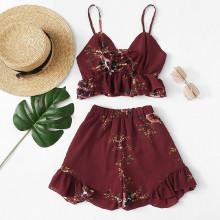 Shein Ruffle Hem Floral Print Cami With Shorts