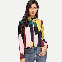 Shein Color-block Knot Front Blouse