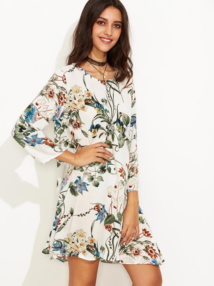 Shein White Tropical Print Swing Dress