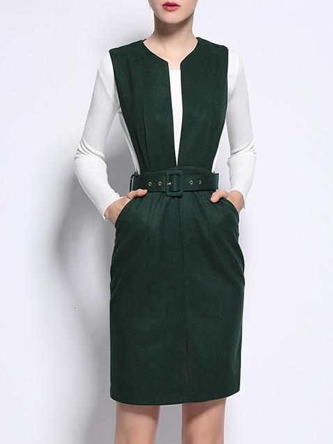 Shein Green Sweater Belted Two-pieces Sheath Dress