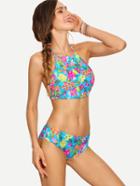 Shein High Neck Flower Print Bikini Set - Blue