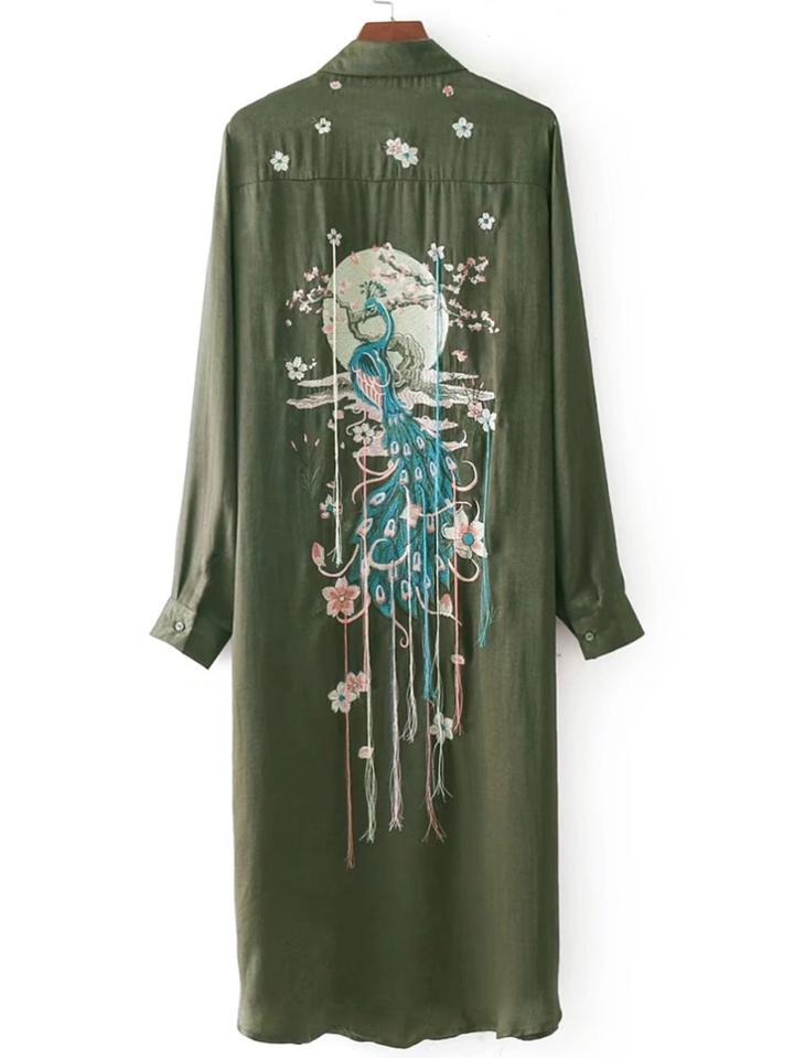 Shein Peacock Embroidery Fringe Detail Shirt Dress