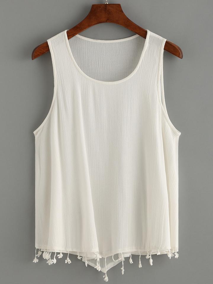 Shein Fringe Trimmed Asymmetric Tank Top - White