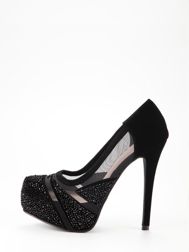 Shein Black Faux Suede Mesh Panel Platform Heels