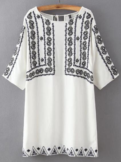 Shein White Round Neck Embroidered Lace Up Dress