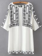 Shein White Round Neck Embroidered Lace Up Dress