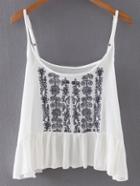 Shein White Ruffle Hem Embroidery Spaghetti Strap Camis Top