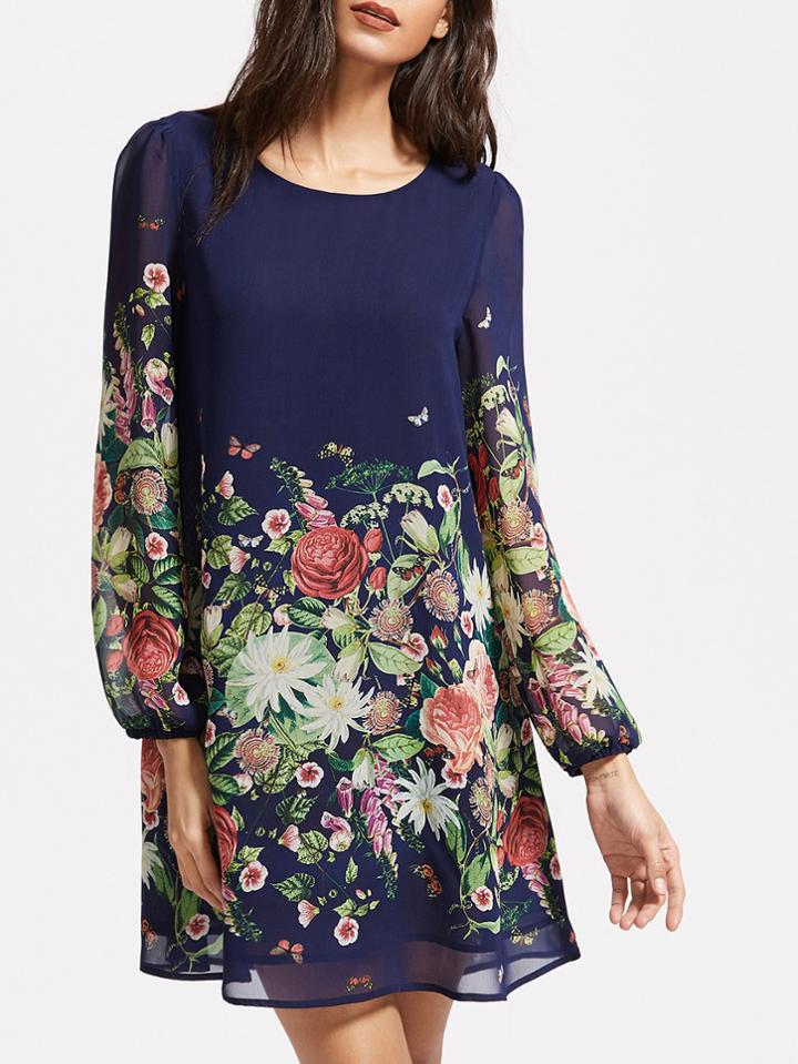 Shein Flower Print Lantern Sleeve Keyhole Back Dress