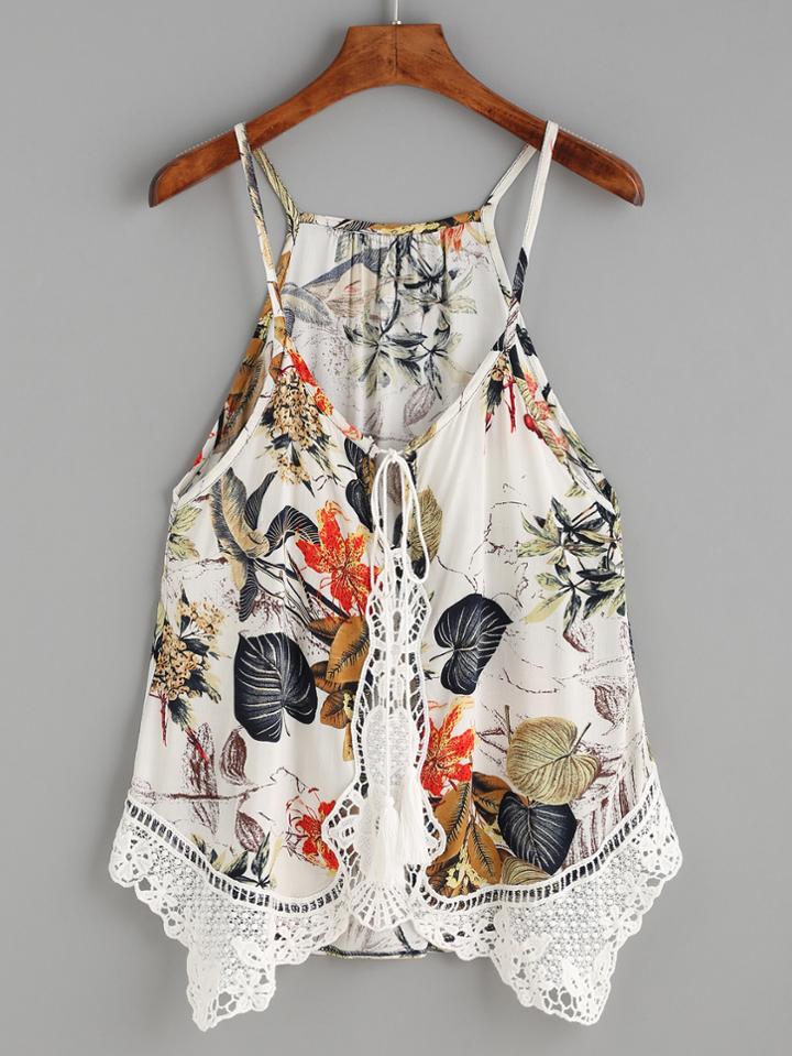 Shein White Crochet Trim Tropical Print Cami Top