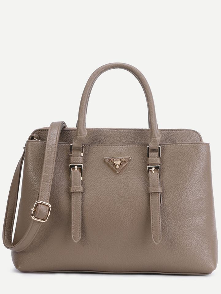 Shein Khaki Pebbled Pu Double Buckle Handbag With Strap