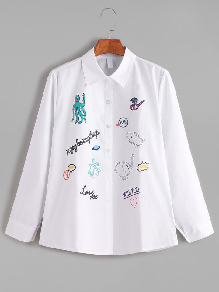 Shein White Cartoon Print Button Shirt