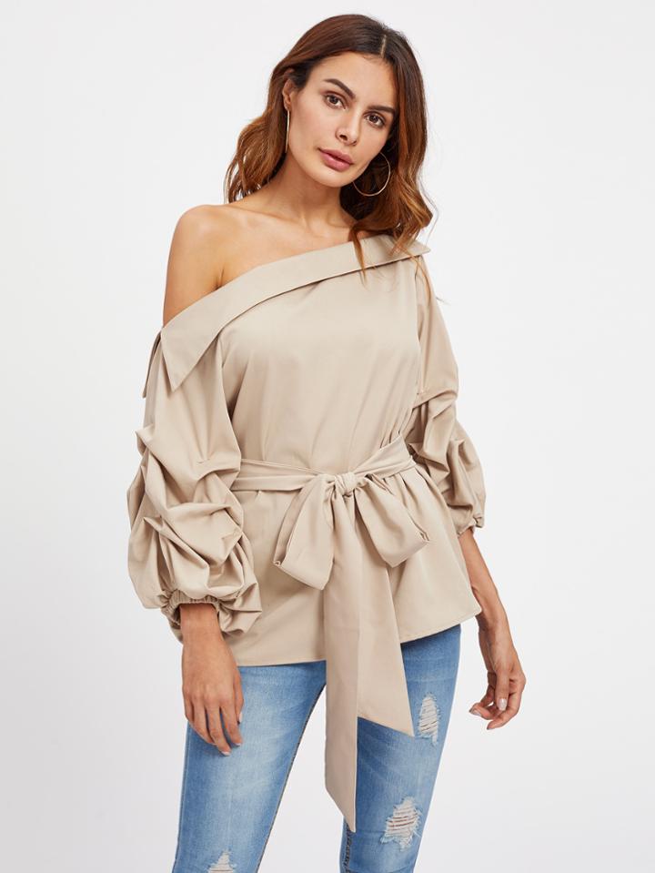 Shein Foldover Asymmetric Shoulder Gathered Sleeve Top