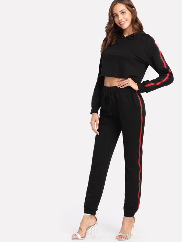 Shein Striped Side Hoodie And Sweatpants Set