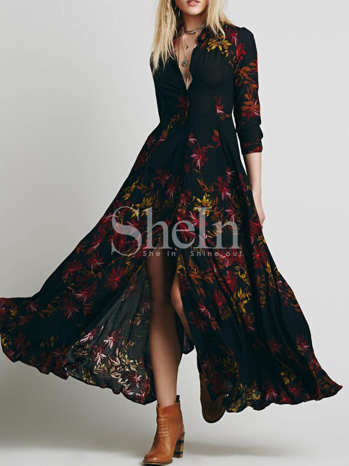 Shein Black Long Sleeve Lapel Leaves Print Maxi Dress