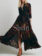 Shein Black Long Sleeve Lapel Leaves Print Maxi Dress