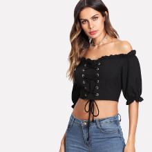 Shein Frill Trim Lace Up Bardot Crop Top