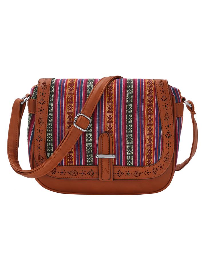Shein Tribal Striped Laser-cut Flap Saddle Bag - Brown