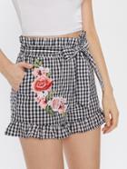 Shein Embroidered Flower Applique Self Tie Frilled Gingham Shorts