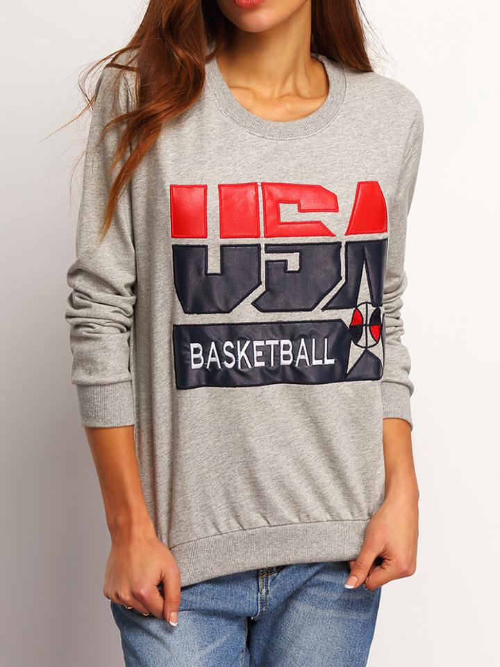 Shein Grey Crew Neck Usa Pattern Sweatshirt