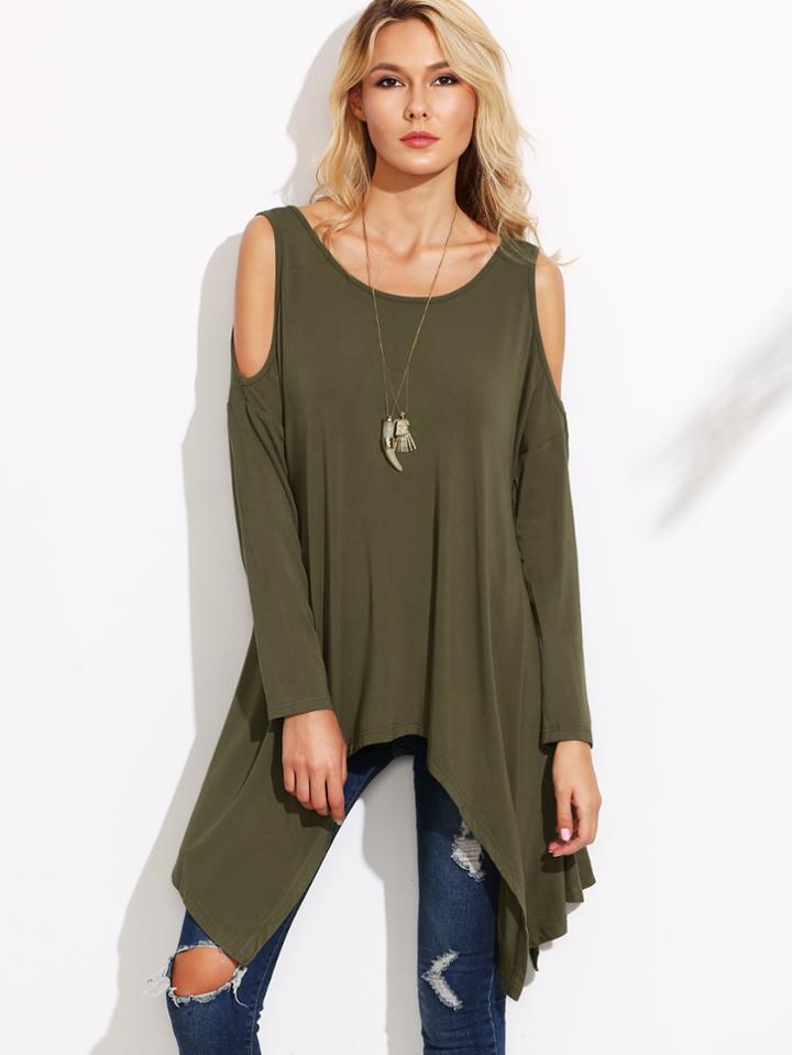 Shein Olive Green Cold Shoulder Asymmetric T-shirt