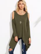 Shein Olive Green Cold Shoulder Asymmetric T-shirt