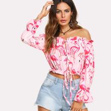 Shein Flamingos Print Tie Waist Blouse