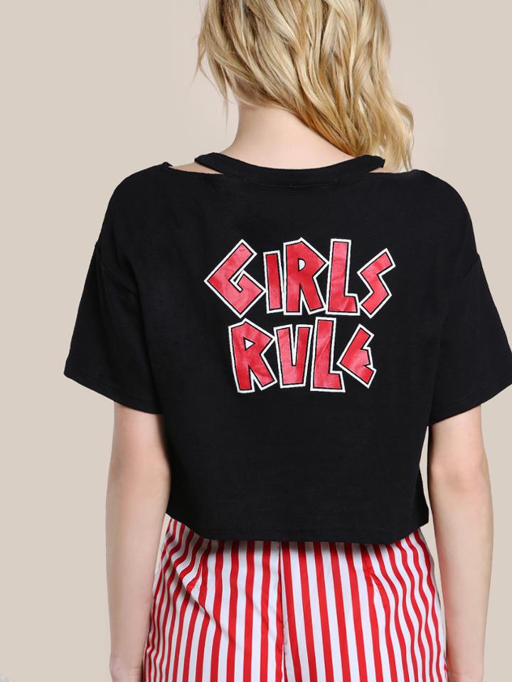 Shein Girls Rule Cutout Neck Crop Tee