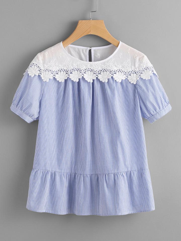 Shein Lace Trim Contrast Embroidered Yoke Striped Top