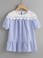 Shein Lace Trim Contrast Embroidered Yoke Striped Top