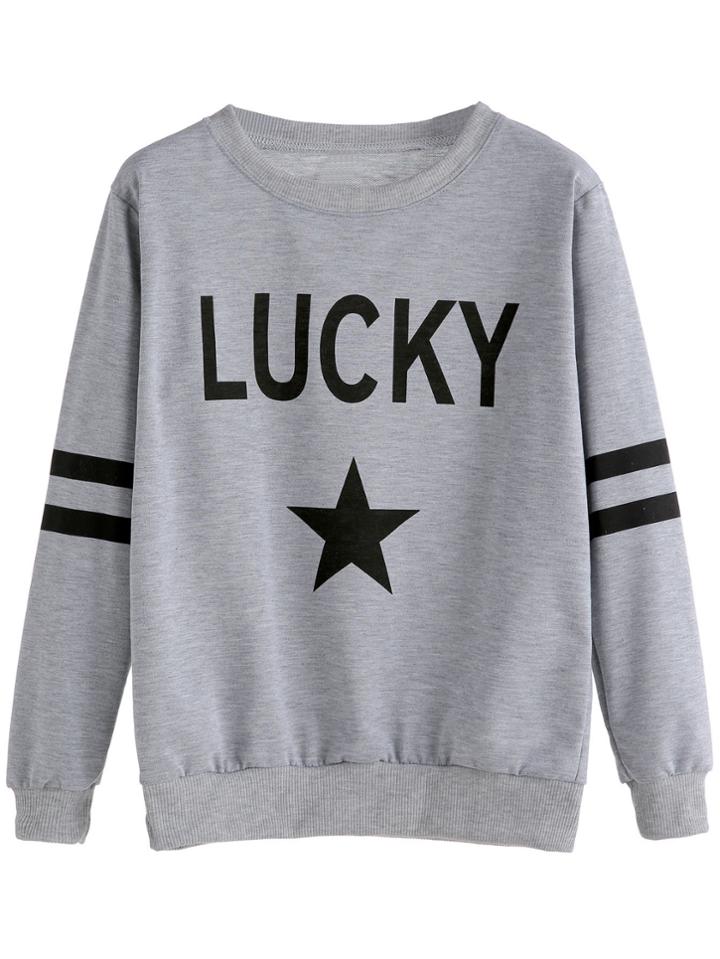Shein Grey Letters Print Striped Sweatshirt