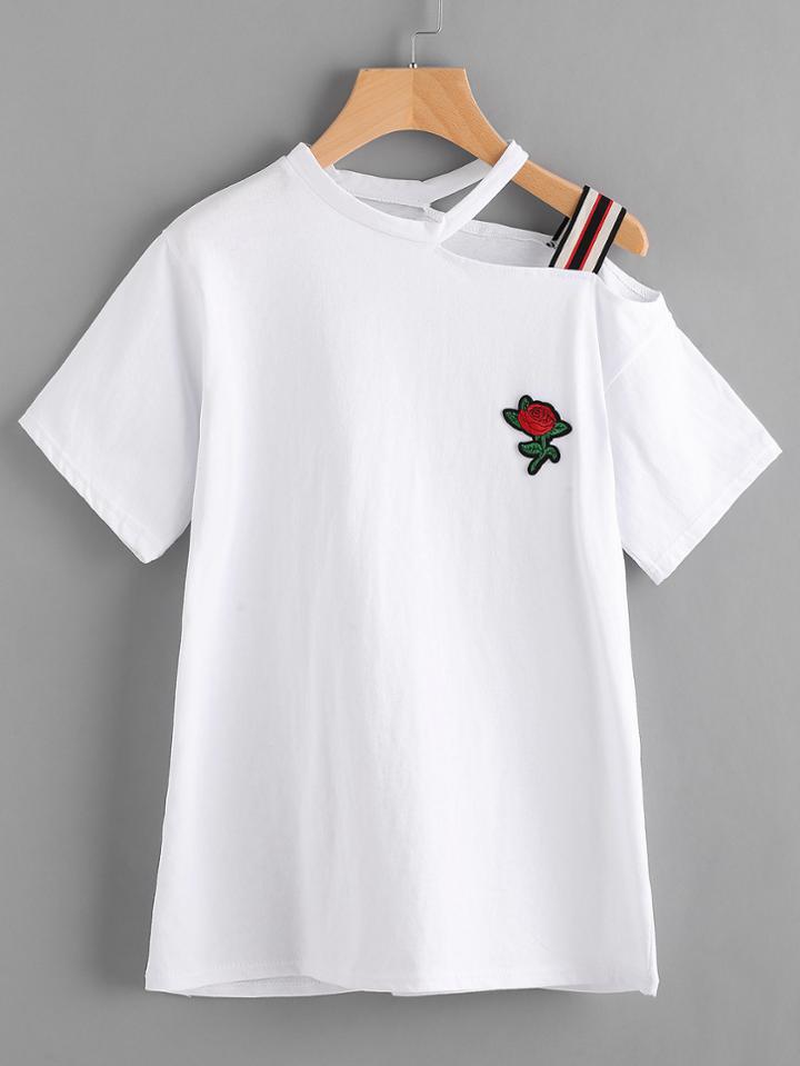 Shein Appliques Cut Out Neck Asymmetrical Open Shoulder Tee